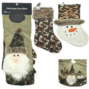 Rustic Christmas Tree Skirt Stocking Set Camo Cabincore Hunting Country 3D Santa